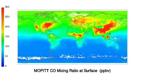 对流层污染测量仪测得一氧化碳地表混合比率（按体积算十亿分之一）